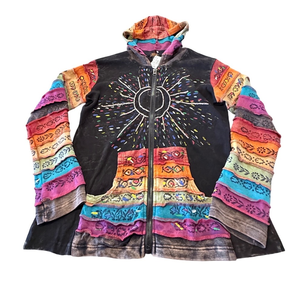 Rising International Sun Embroidered Boho Ruffle Zip Up Hoodie Black L Nepal